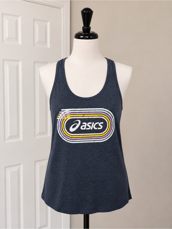 Asics Tops - Asics Navy Racerback Tank with Retro Multicolor Logo